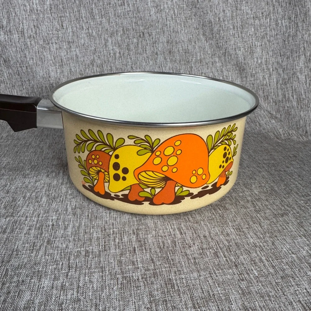 Vintage Merry Mushroom Enamel Cookware Set Retro 70s Skillet and Saucepan Retro
